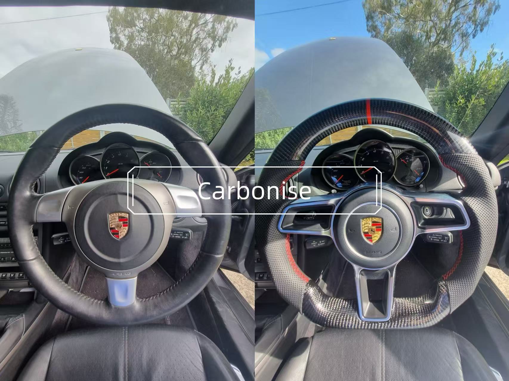 Side by side view of old and new Porsche 911 GT3 991.1 steering wheels in vehicle interior