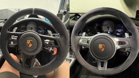 Porsche 911 GT3 991.1 steering wheel comparison showing old style and new style design