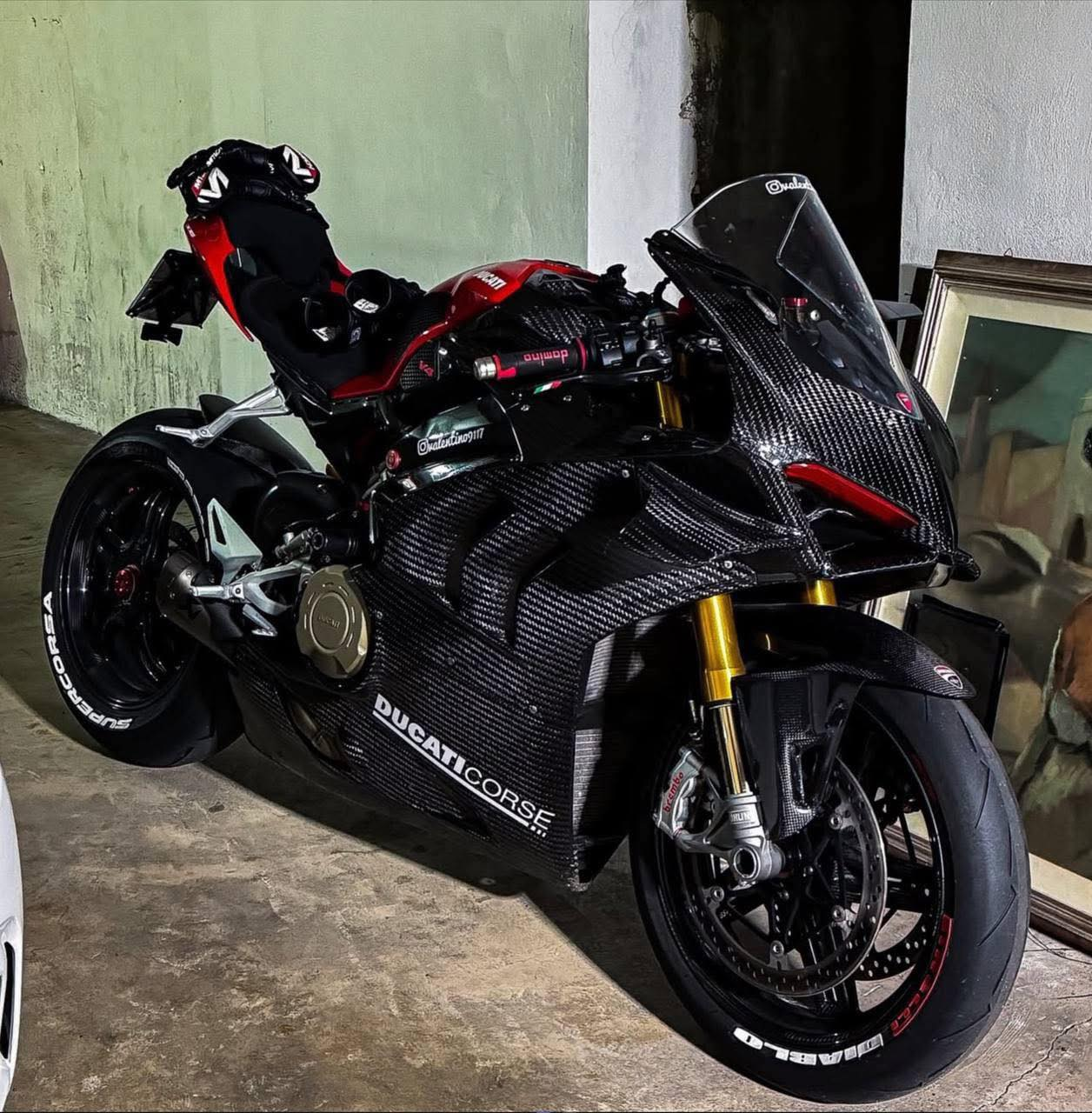 Ducati Panigale V4 carbon fiber fairings and performance upgrades.