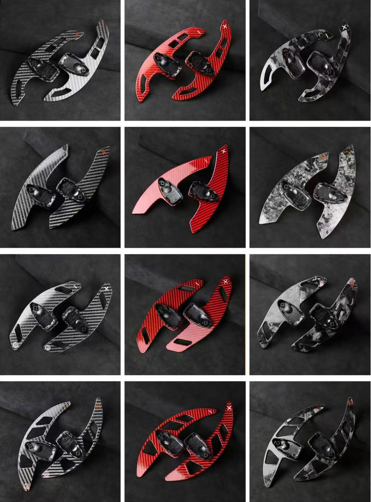 Extended carbon fibre paddle shifters in multiple finishes including gloss carbon, forged carbon, red forged carbon, and grey forged carbon.