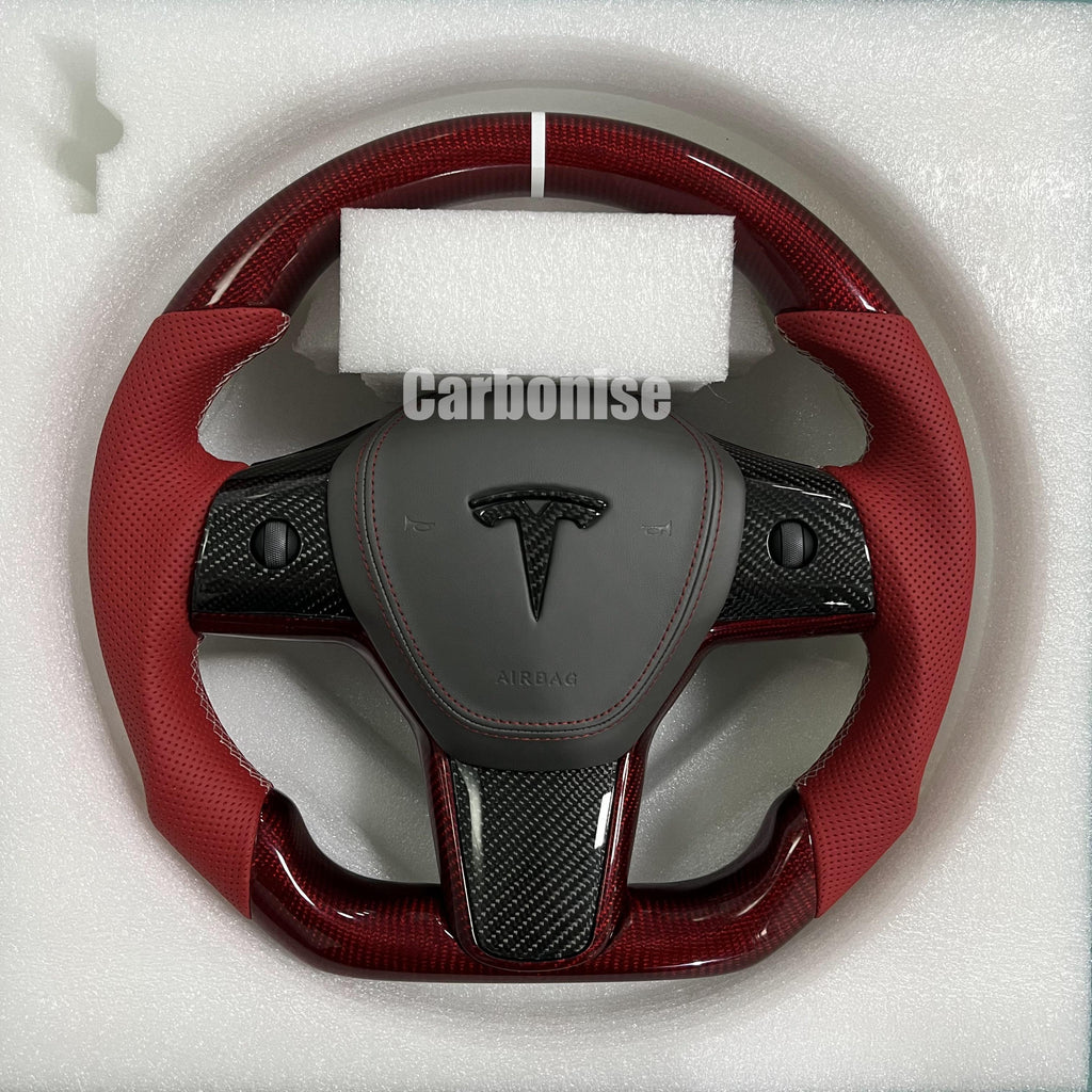 Carbonise Tesla carbon fiber steering wheel with red perforated leather grip