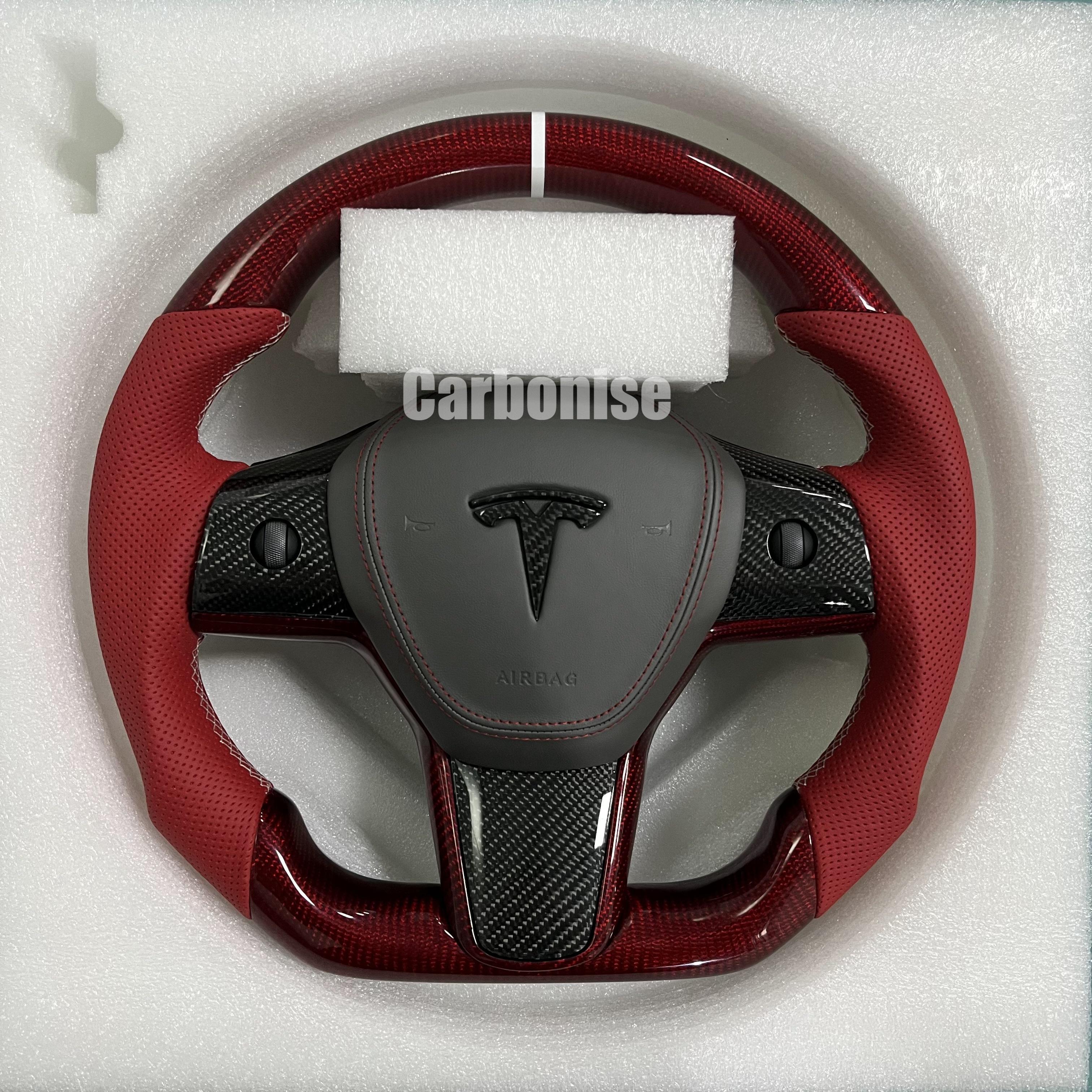 Carbonise Tesla carbon fiber steering wheel with red perforated leather grip
