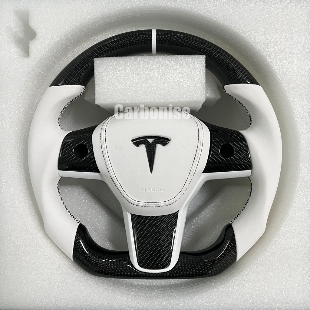 Carbonise Tesla carbon fiber steering wheel with white leather grip