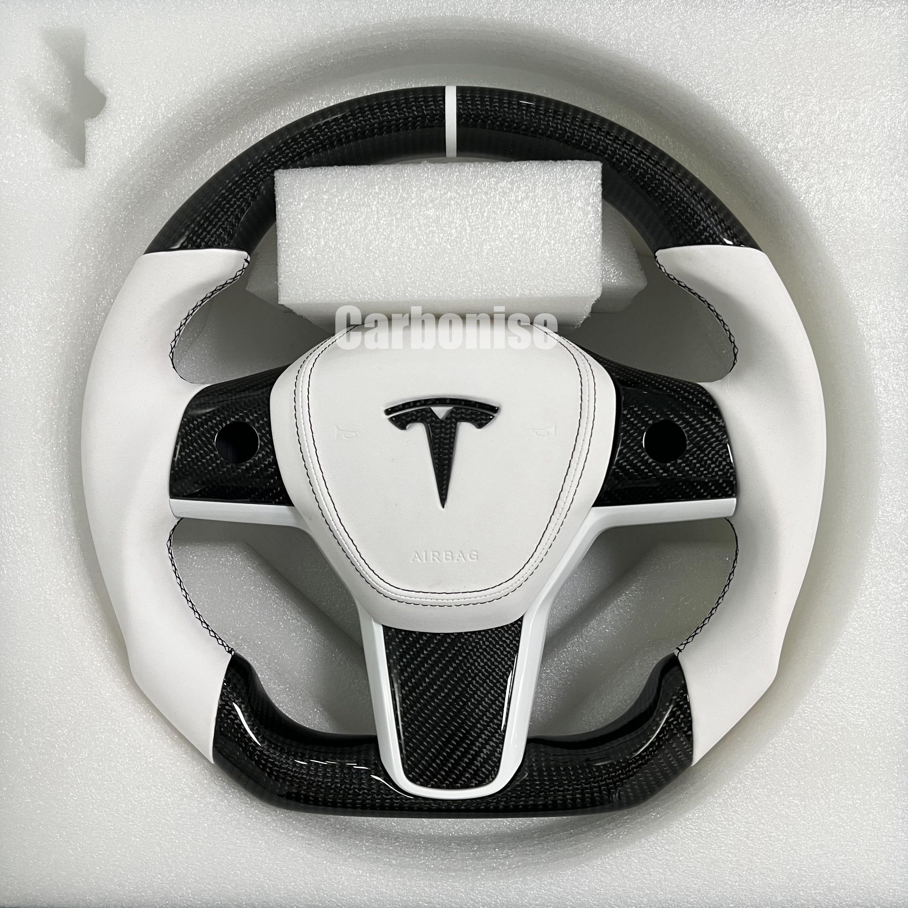 Carbonise Tesla carbon fiber steering wheel with white leather grip