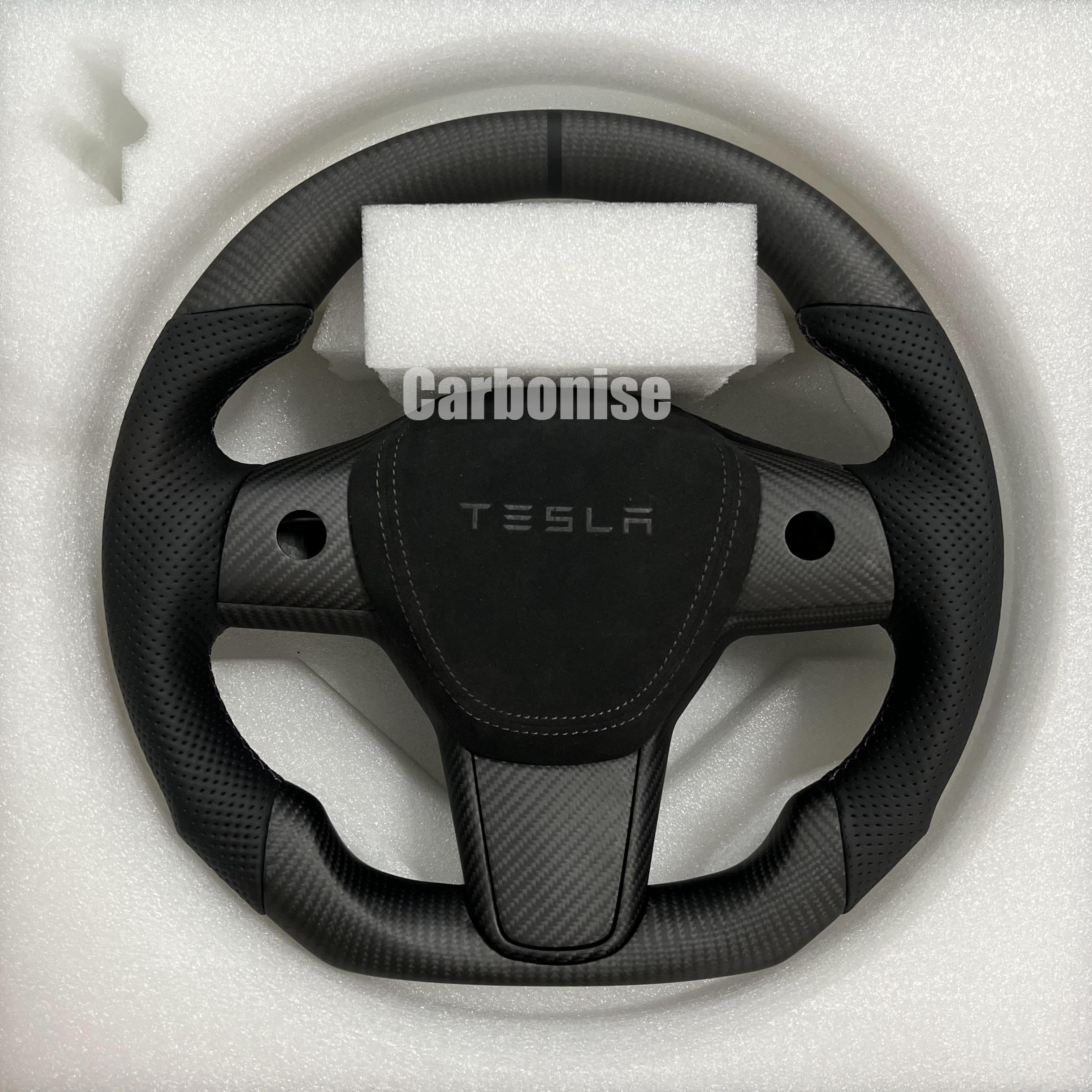 Carbonise Tesla carbon fiber steering wheel with black perforated leather grip