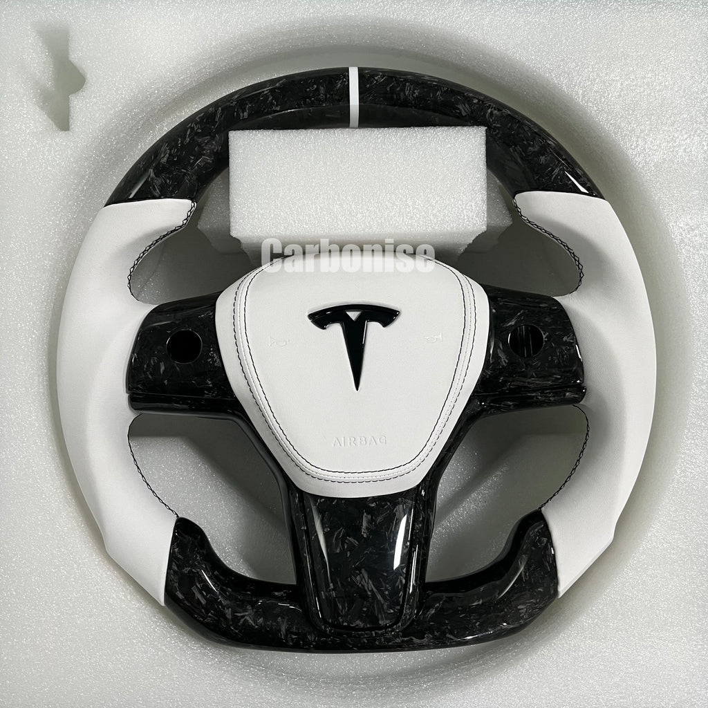 Carbonise Tesla forged carbon steering wheel with white leather grip