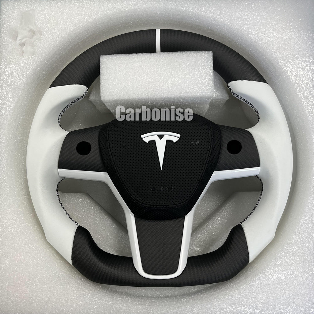 Carbonise Tesla matte carbon fiber steering wheel with white leather grip