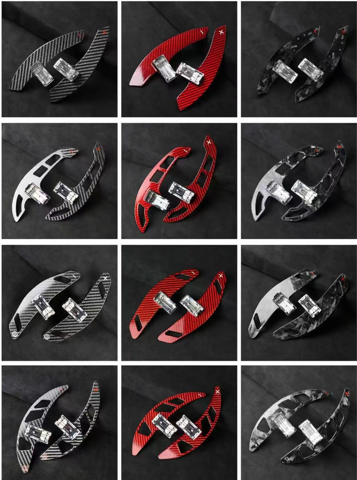 Extended carbon fibre paddle shifters in multiple finishes including gloss carbon, forged carbon, red forged carbon, and grey forged carbon.