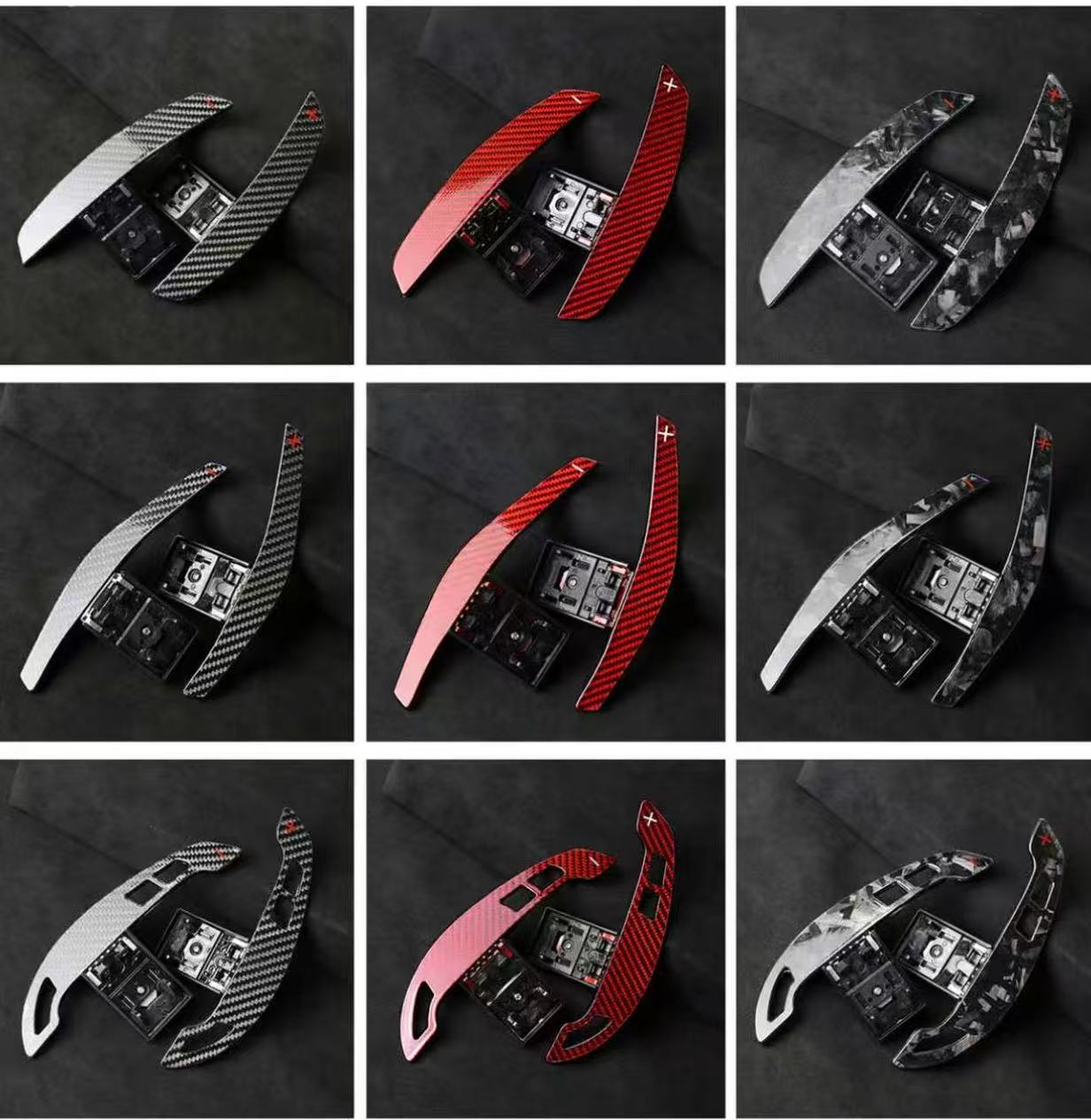 Extended carbon fibre paddle shifters in multiple finishes including gloss carbon, forged carbon, red forged carbon, and grey forged carbon.