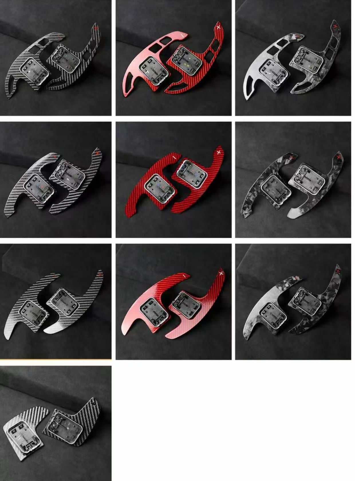 Carbon fiber car interior components in various colors on a black background