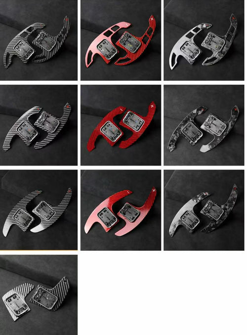Carbon fiber car interior components in various colors on a black background