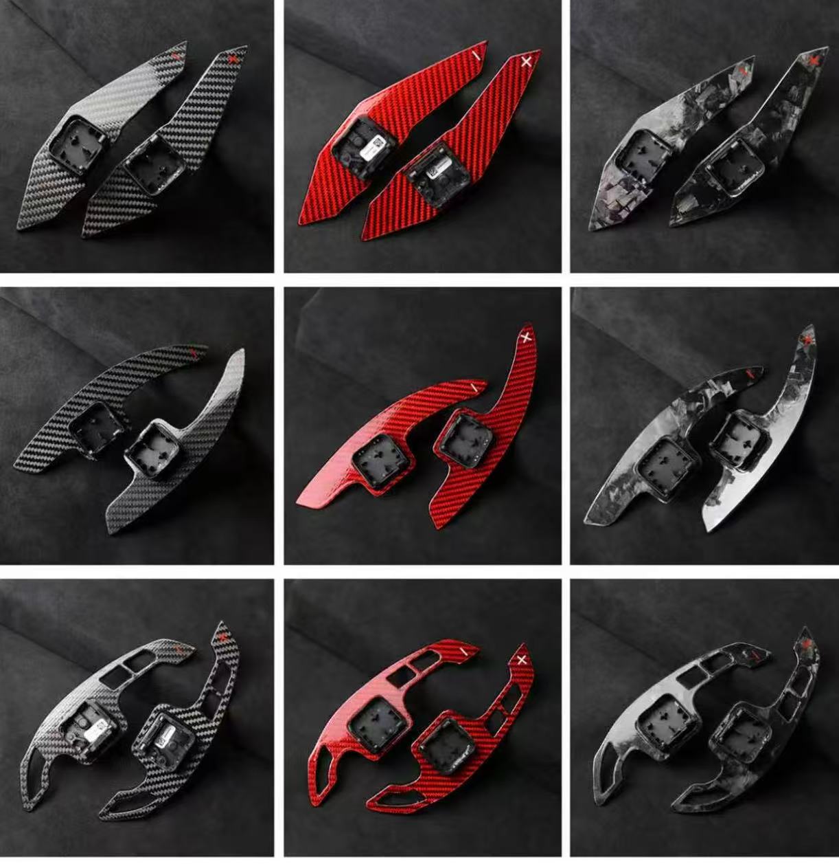 Collage of carbon fiber car parts in various designs on a dark background