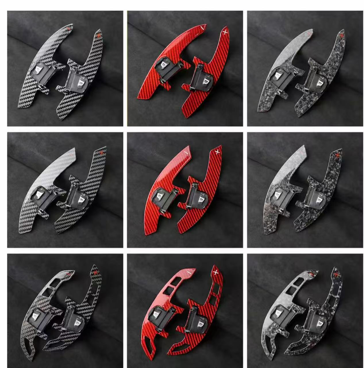Extended carbon fibre paddle shifters in multiple finishes including gloss carbon, forged carbon, red forged carbon, and grey forged carbon.