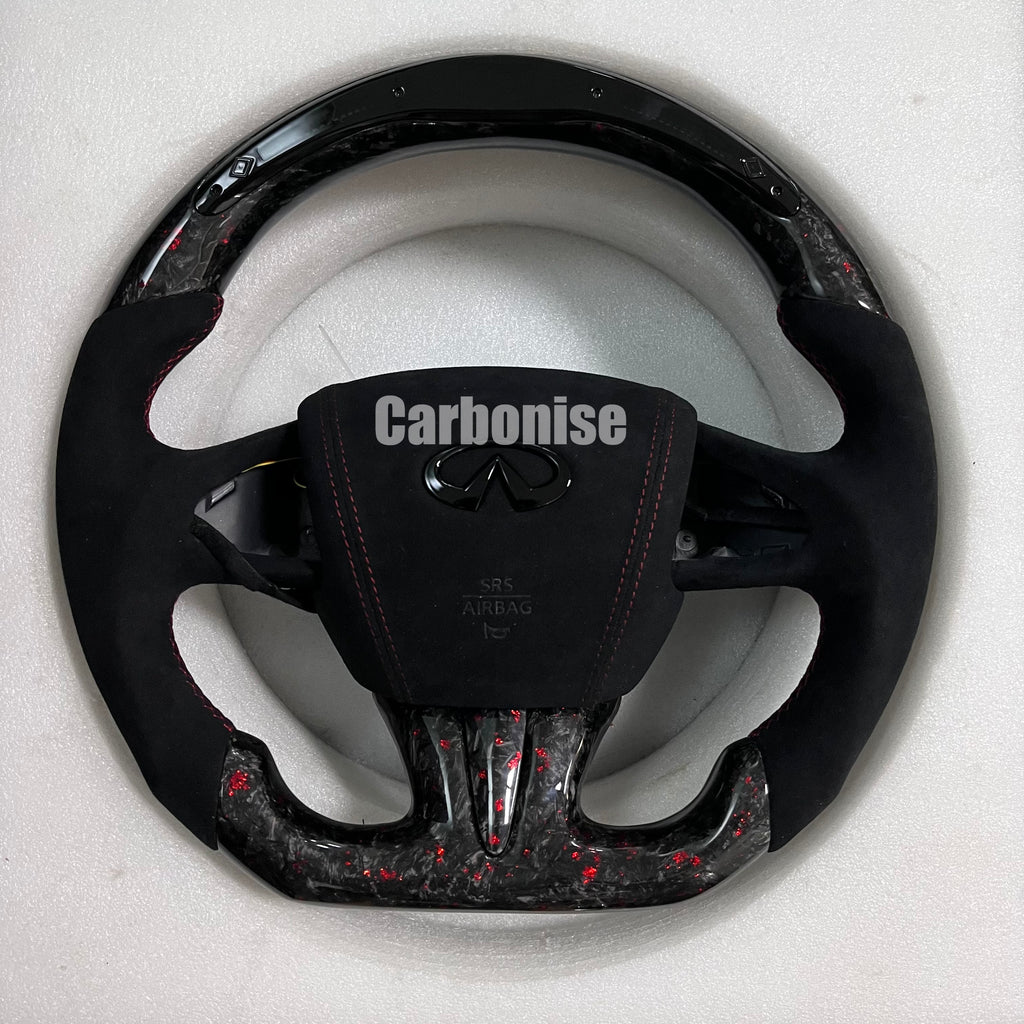 Carbonise Infiniti forged carbon steering wheel with Alcantara grips and red flakes 
LED shift light , alcantara airbag cover
