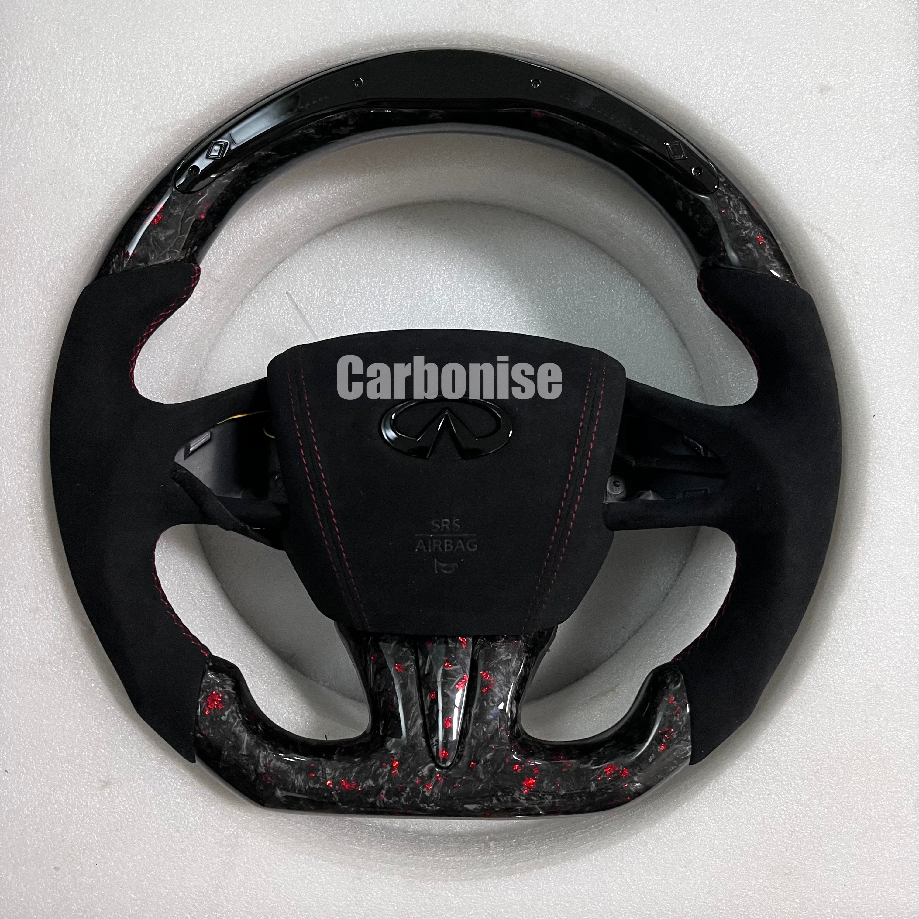 Carbonise Infiniti forged carbon steering wheel with Alcantara grips and red flakes 
LED shift light , alcantara airbag cover
