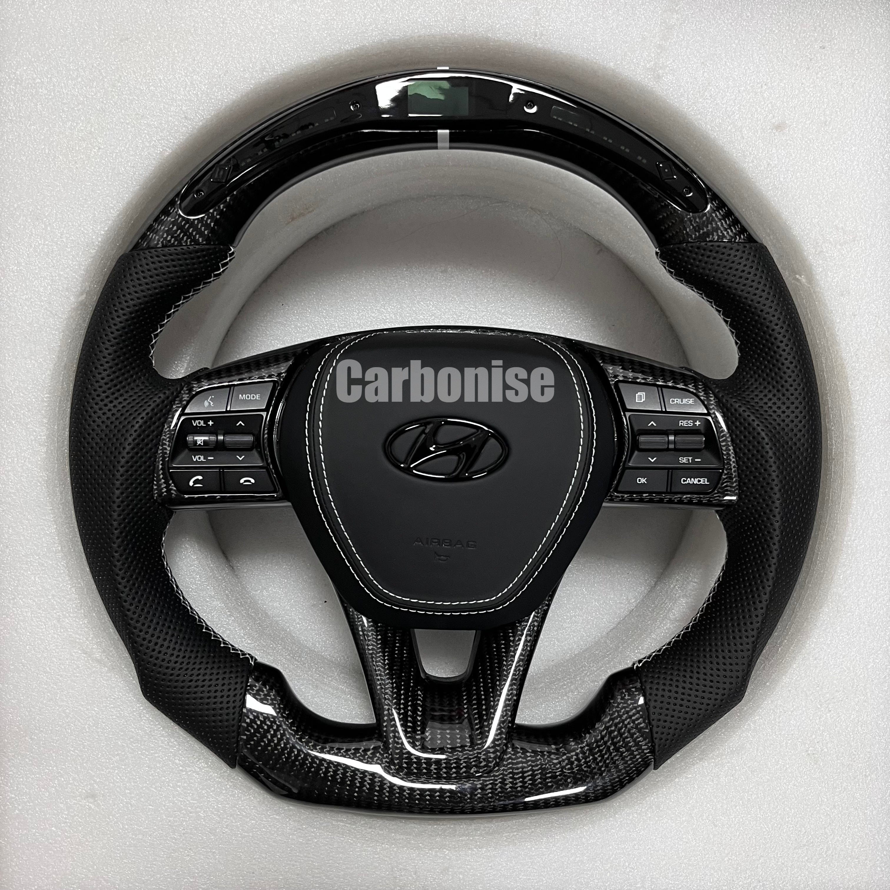 Carbonise Hyundai carbon fiber steering wheel with perforated leather grip and OEM buttons