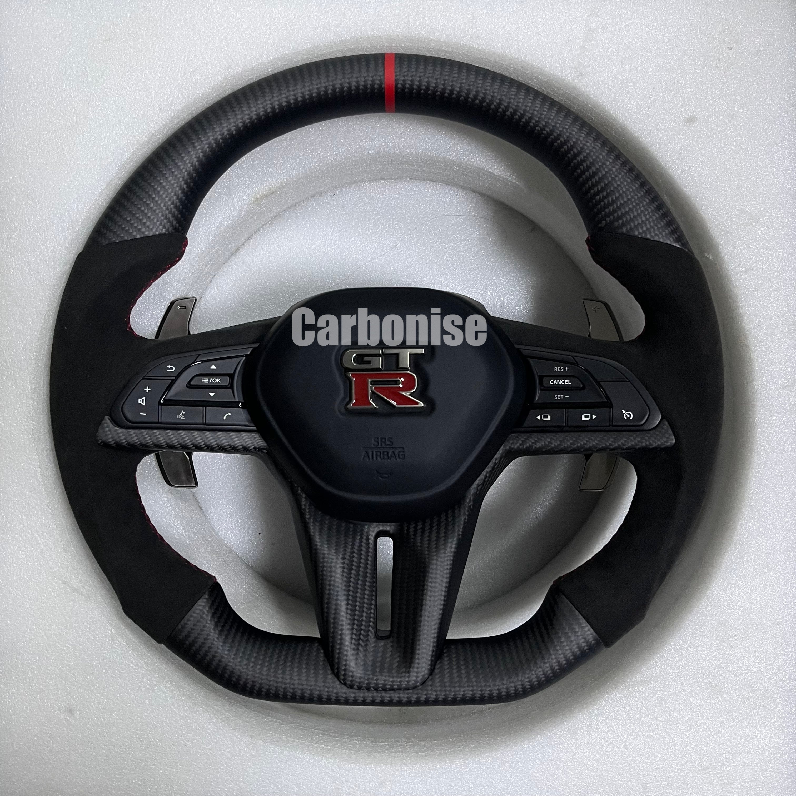 Carbonise Nissan GT-R Matte carbon fiber steering wheel with Alcantara grips and red center stripe