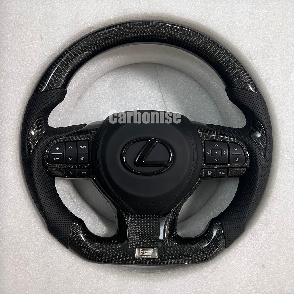 Carbonise Lexus carbon fiber steering wheel with perforated leather grips and OEM buttons