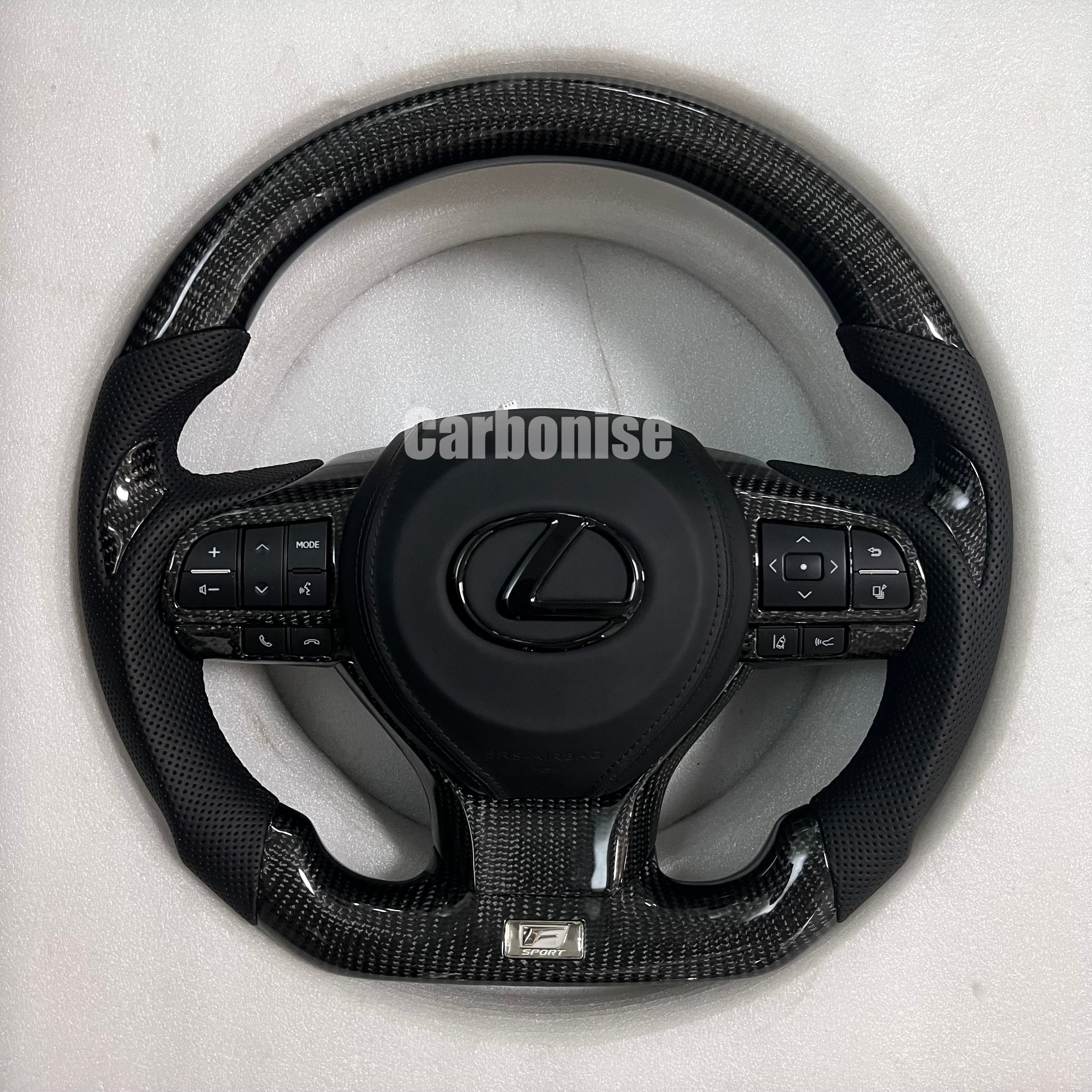Carbonise Lexus carbon fiber steering wheel with perforated leather grips and OEM buttons