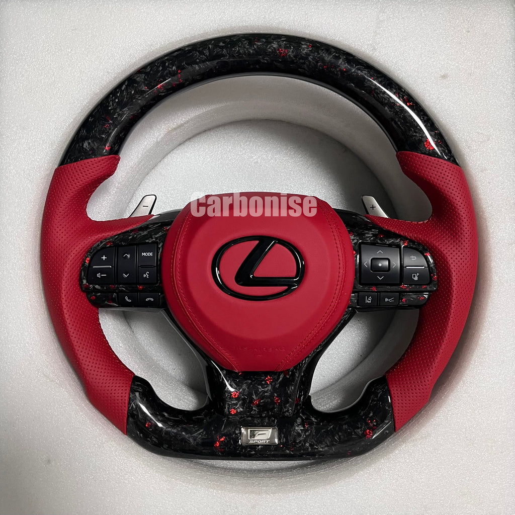 Carbonise Lexus forged carbon steering wheel with red flake carbon and red perforated leather grips