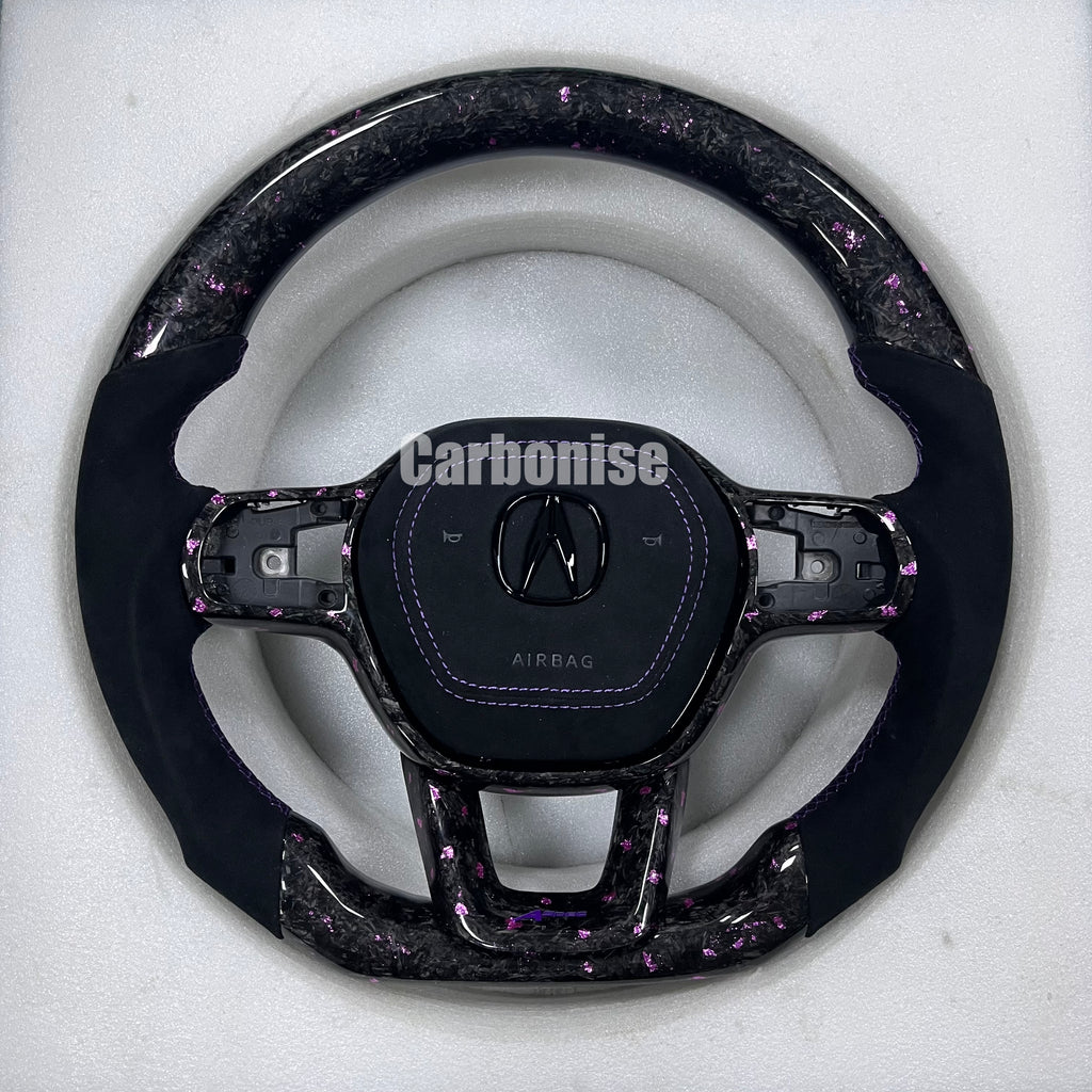 Custom Honda steering wheel with forged carbon purple flake finish, black Alcantara side grips, flat-bottom design, and OEM airbag compatibility.