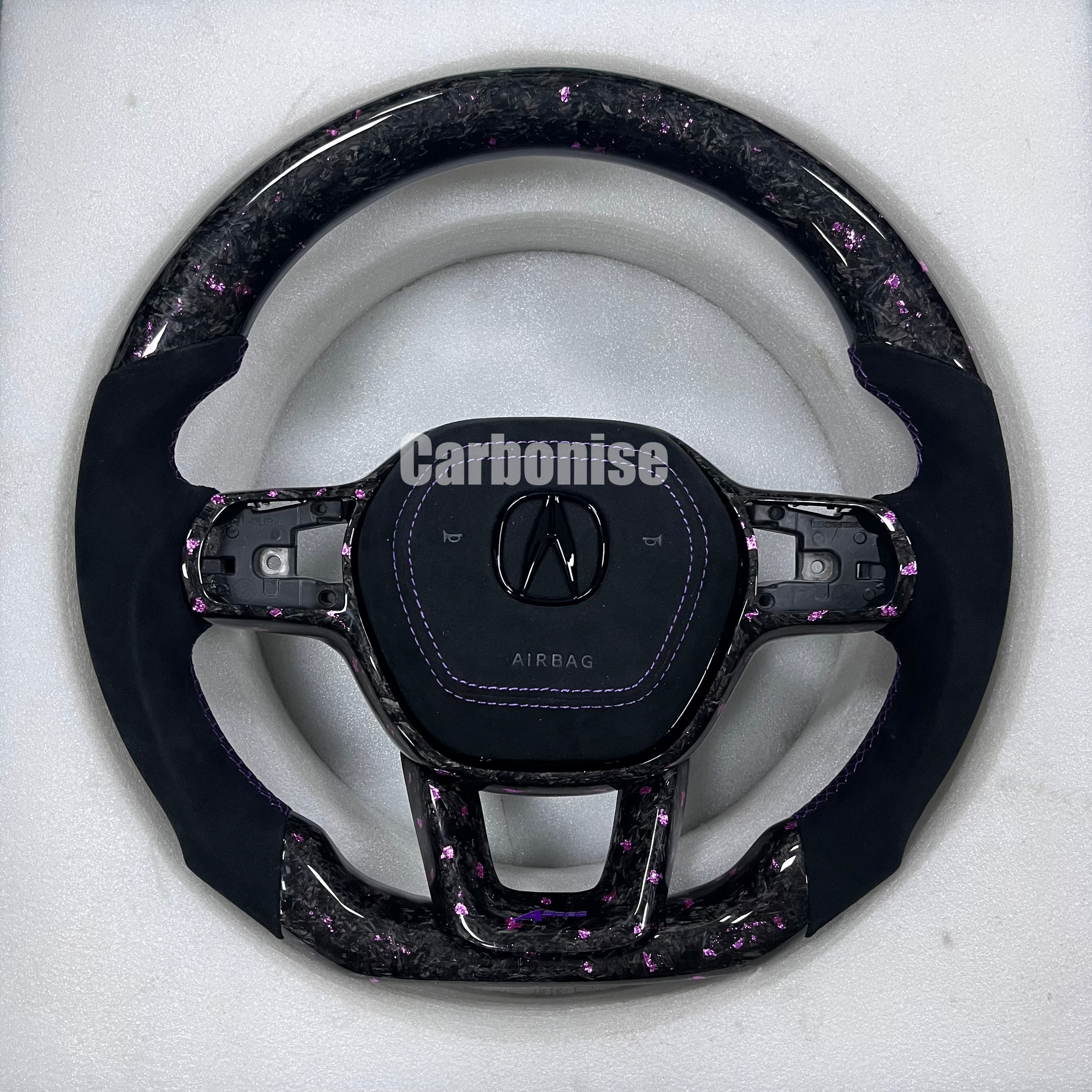Custom Honda steering wheel with forged carbon purple flake finish, black Alcantara side grips, flat-bottom design, and OEM airbag compatibility.