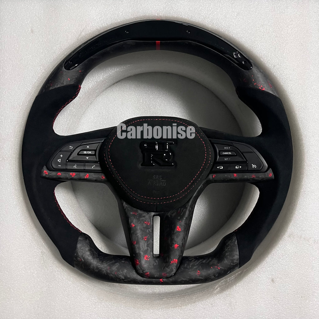 Carbonise Nissan GT-R carbon fibre steering wheel with Alcantara grips and red flake carbon, Led shift light