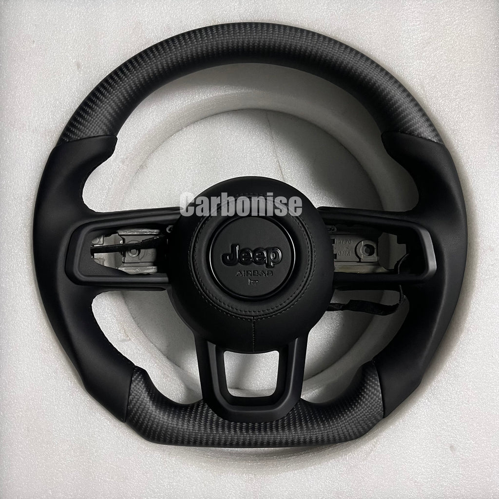 Carbonise Jeep matte carbon fiber steering wheel with leather grip and OEM airbag