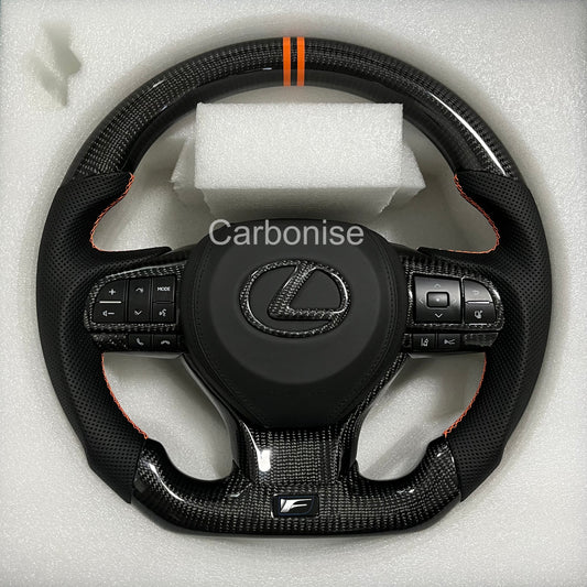 Carbonise Lexus carbon fiber steering wheel with orange stripe and perforated leather grips