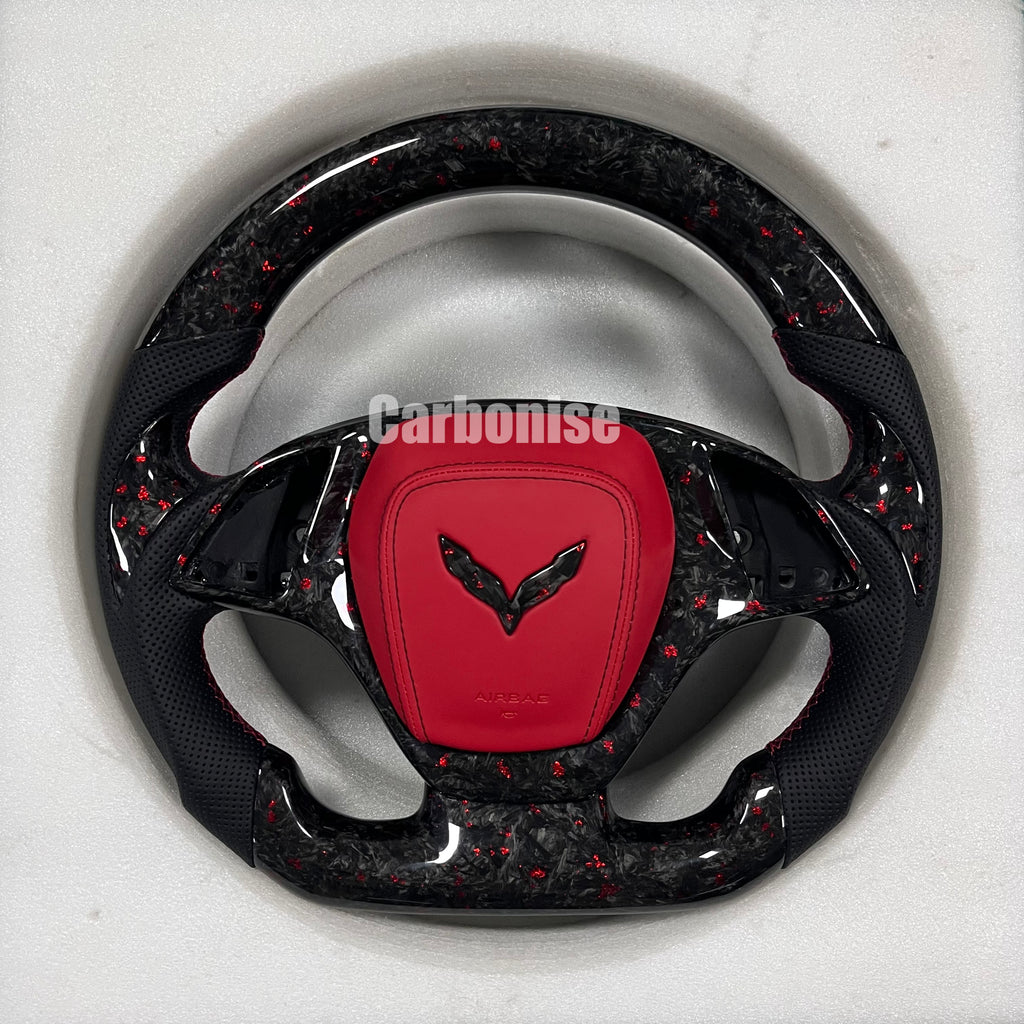 Carbonise Corvette forged carbon steering wheel with red flake carbon and black perforated leather grip