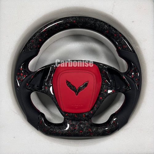 Carbonise Corvette forged carbon steering wheel with red flake carbon and black perforated leather grip