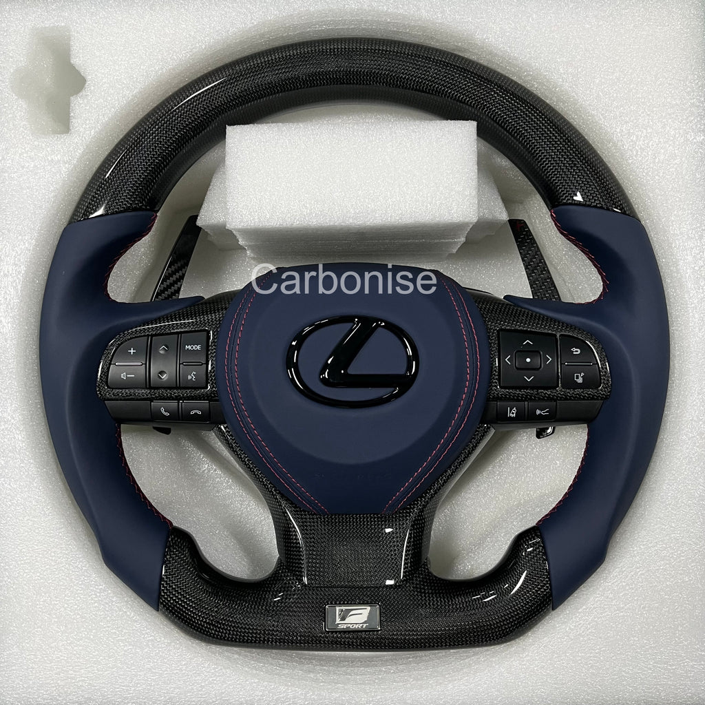 Carbonise Lexus F-Sport carbon fiber steering wheel with navy blue leather grip and red stitching