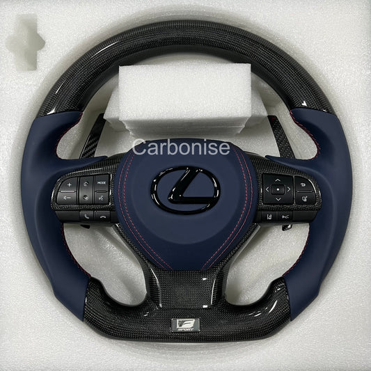 Carbonise Lexus F-Sport carbon fiber steering wheel with navy blue leather grip and red stitching