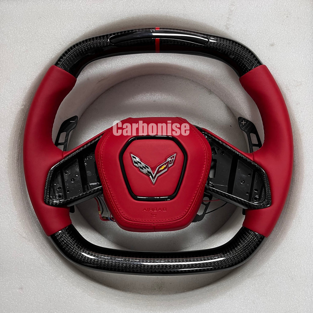 Carbonise Corvette carbon fiber steering wheel with red leather grip and red center stripe