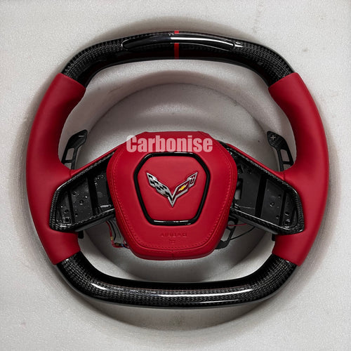 Carbonise Corvette carbon fiber steering wheel with red leather grip and red center stripe