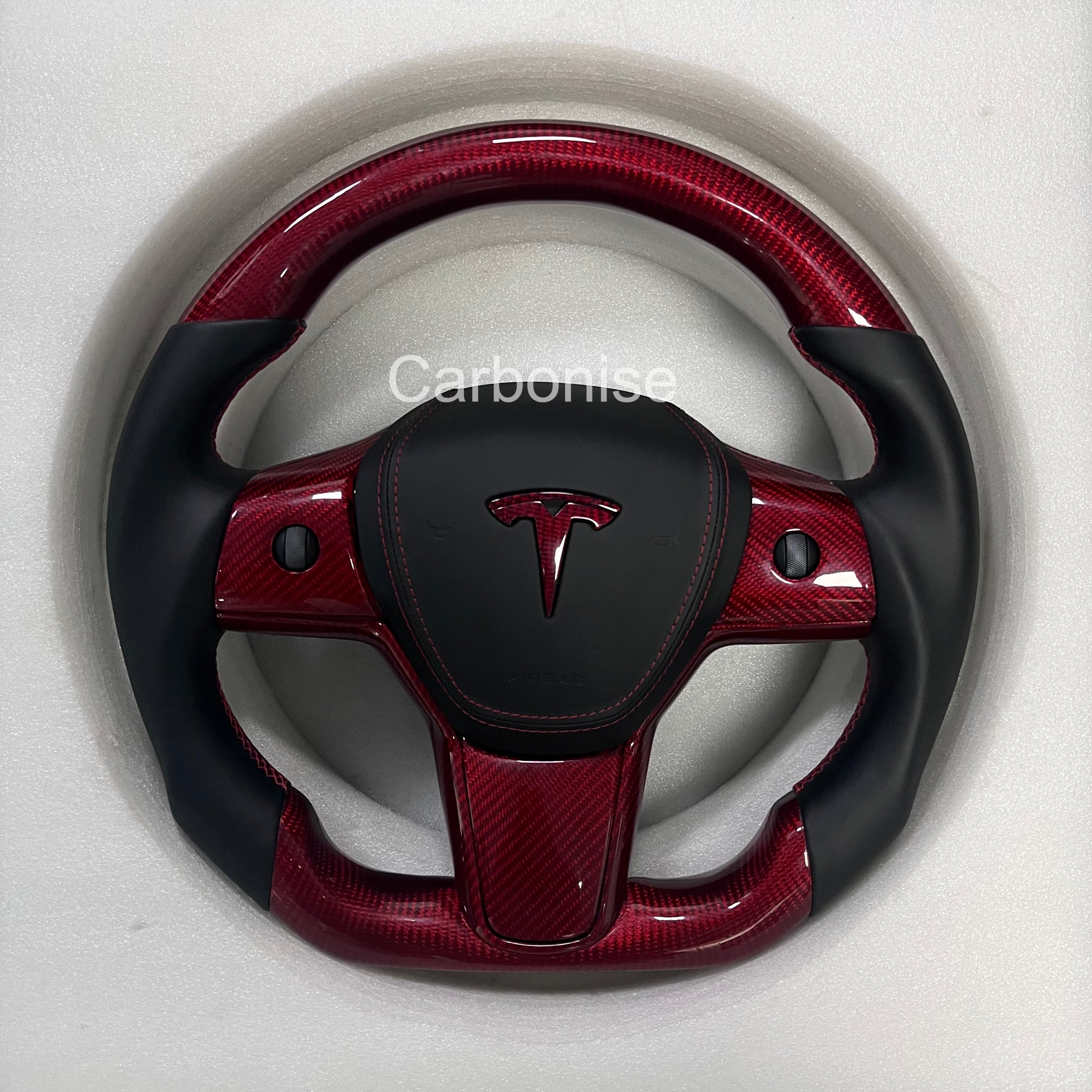 Carbonise Tesla red carbon fiber steering wheel with black leather grip