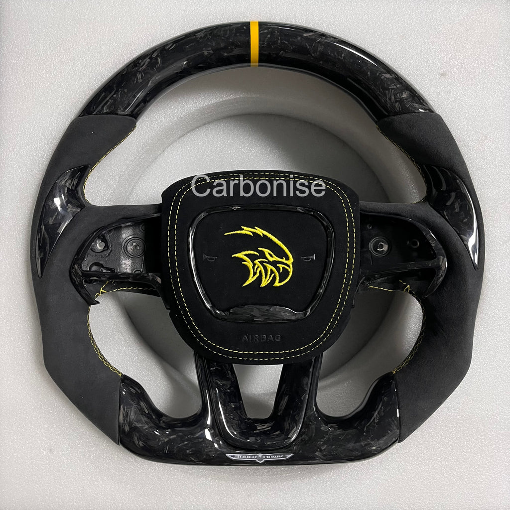 Carbonise Dodge forged carbon steering wheel with black Alcantara grip and yellow center stripe