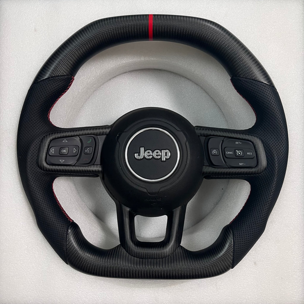 Carbonise Jeep carbon fiber steering wheel with perforated leather grip and red center stripe