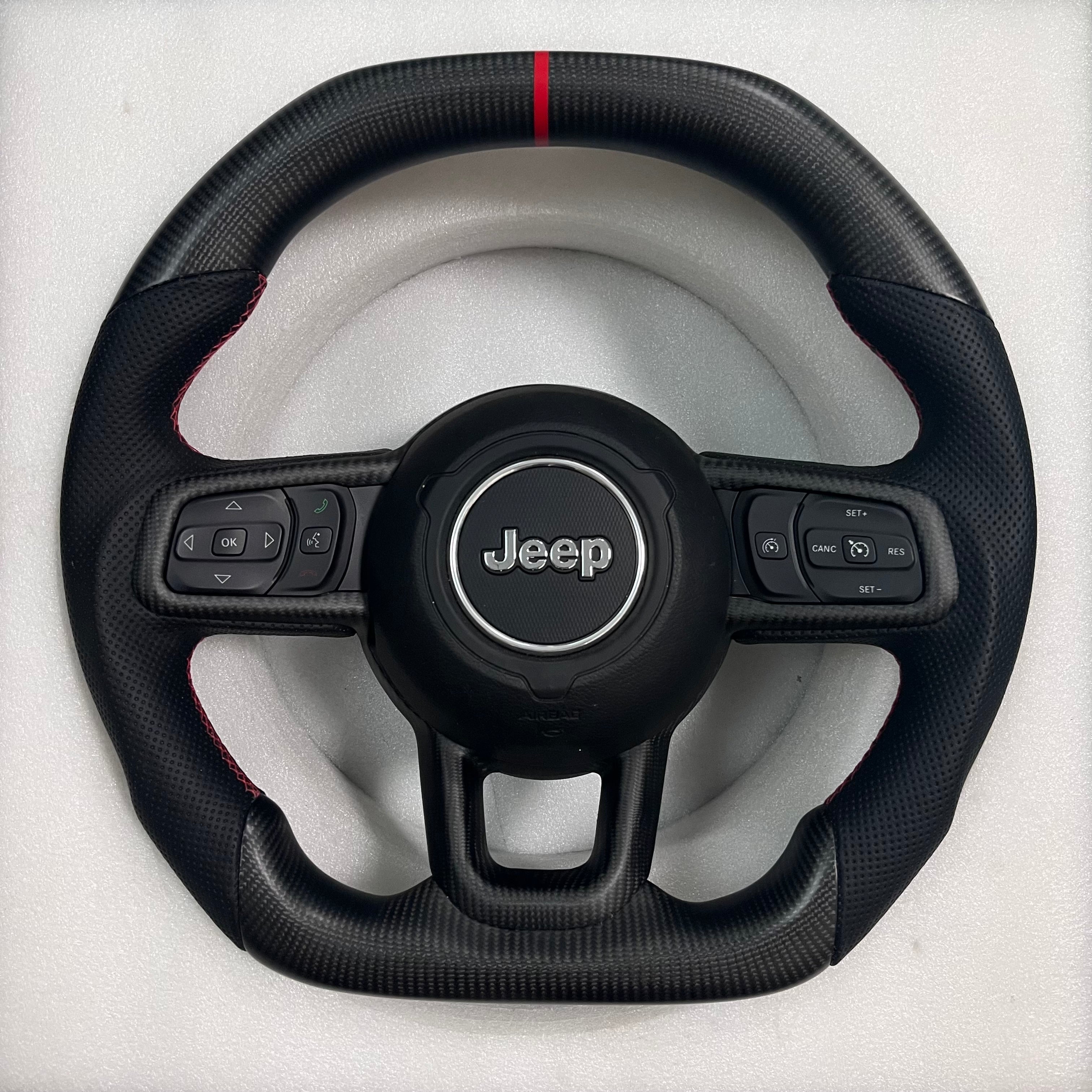 Carbonise Jeep carbon fiber steering wheel with perforated leather grip and red center stripe