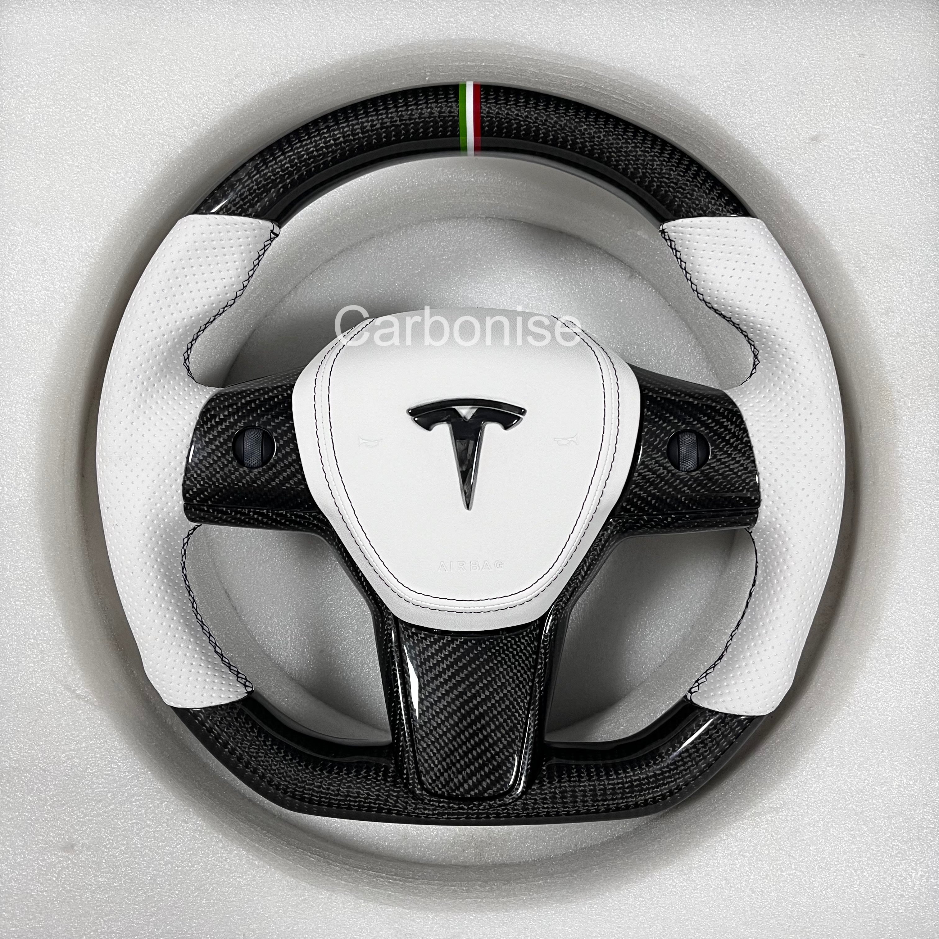 Carbonise Tesla carbon fiber steering wheel with white perforated leather grip and tricolour center stripe