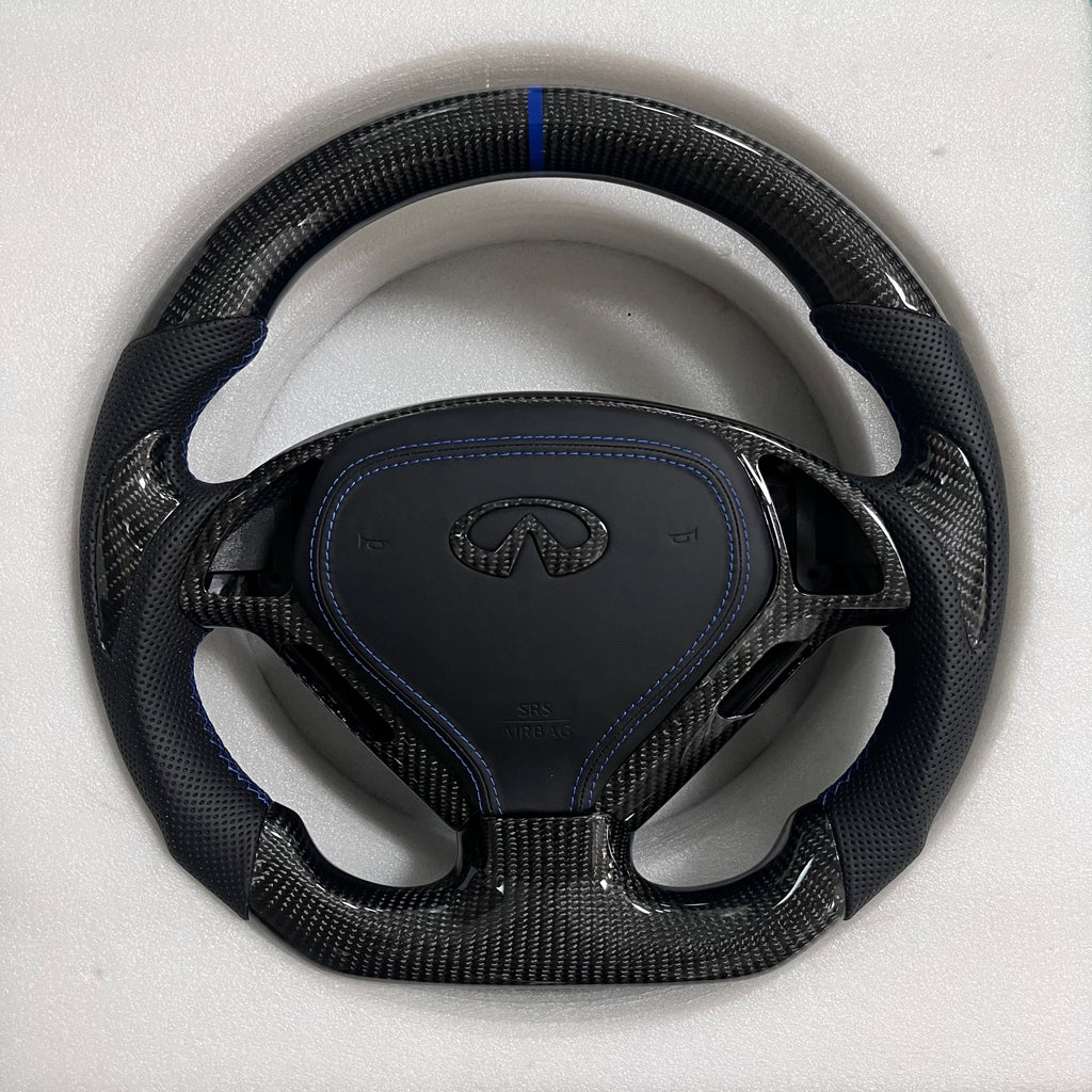 Carbonise Infiniti carbon fiber steering wheel with blue center stripe and perforated leather grips