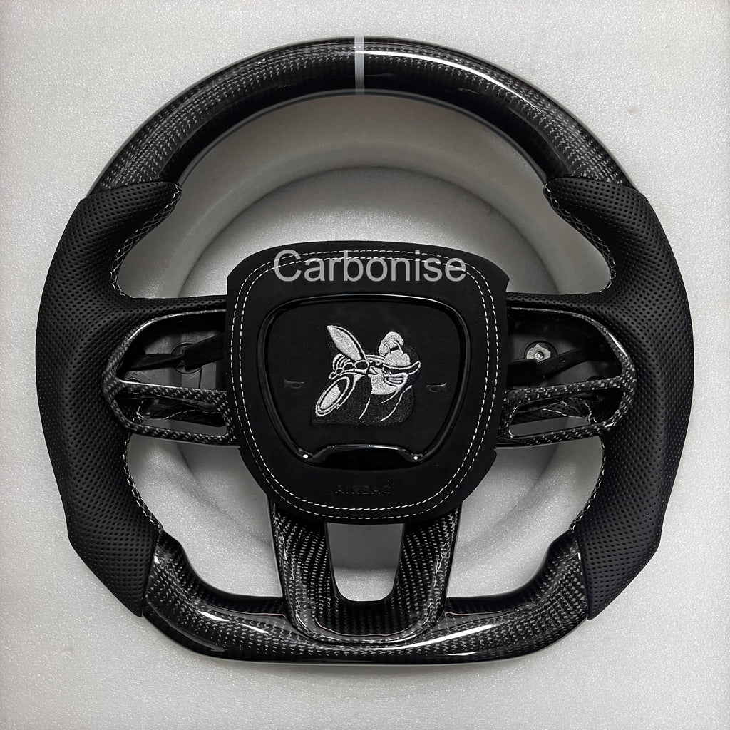 Carbonise Dodge carbon fiber steering wheel with perforated leather grip and center stripe
