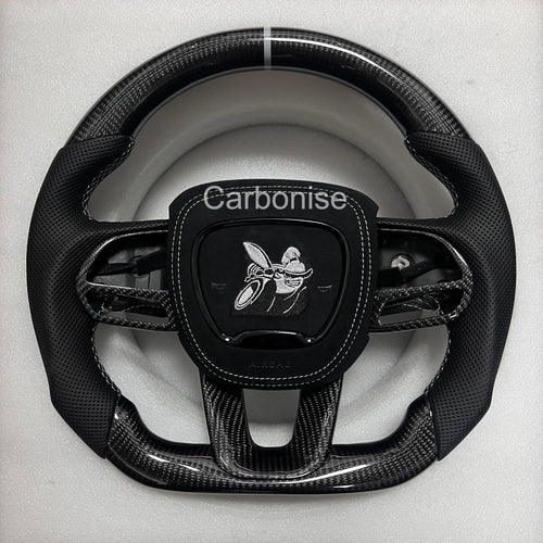 Carbonise Dodge carbon fiber steering wheel with perforated leather grip and center stripe