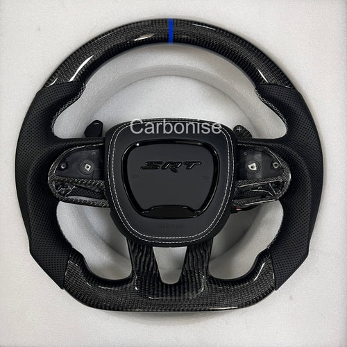 Carbonise Dodge SRT carbon fiber steering wheel with perforated leather grip and blue center stripe