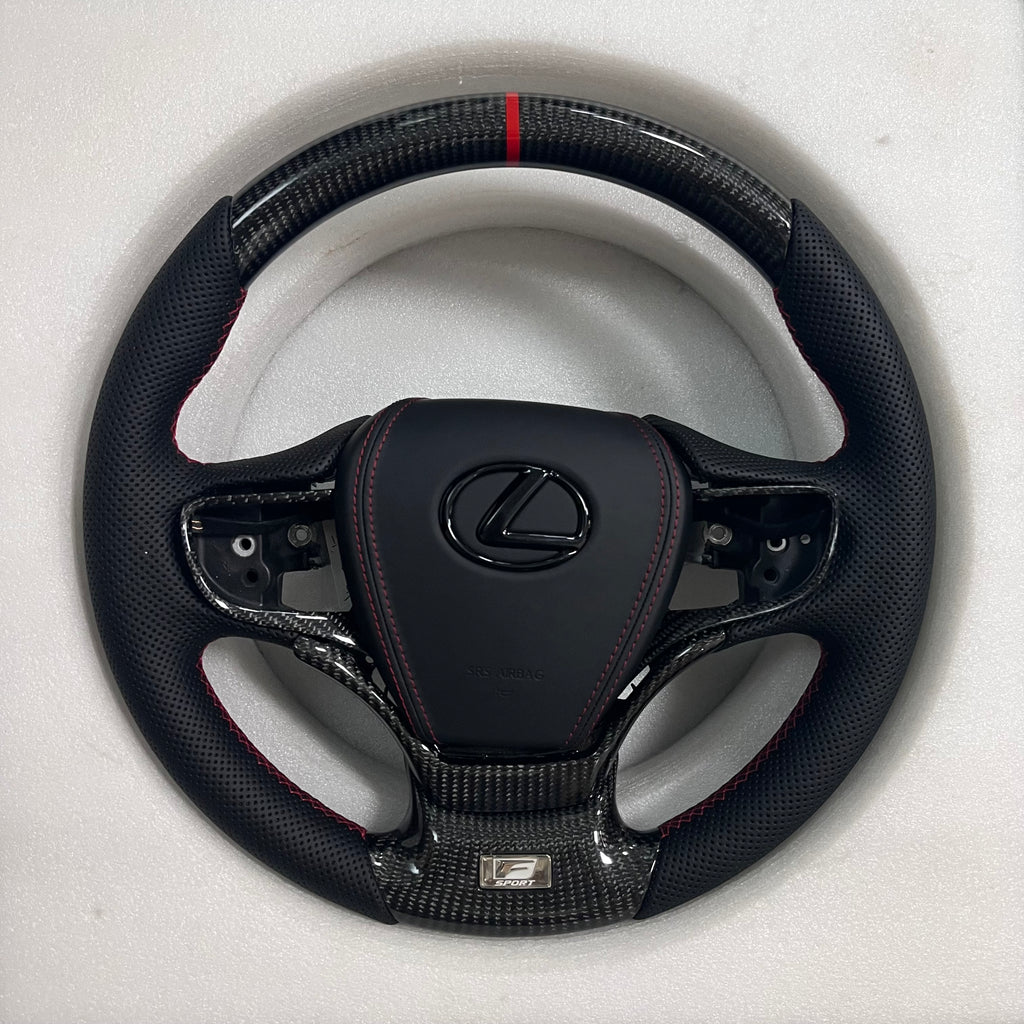 Carbonise Lexus carbon fiber steering wheel with perforated leather grip and red center stripe