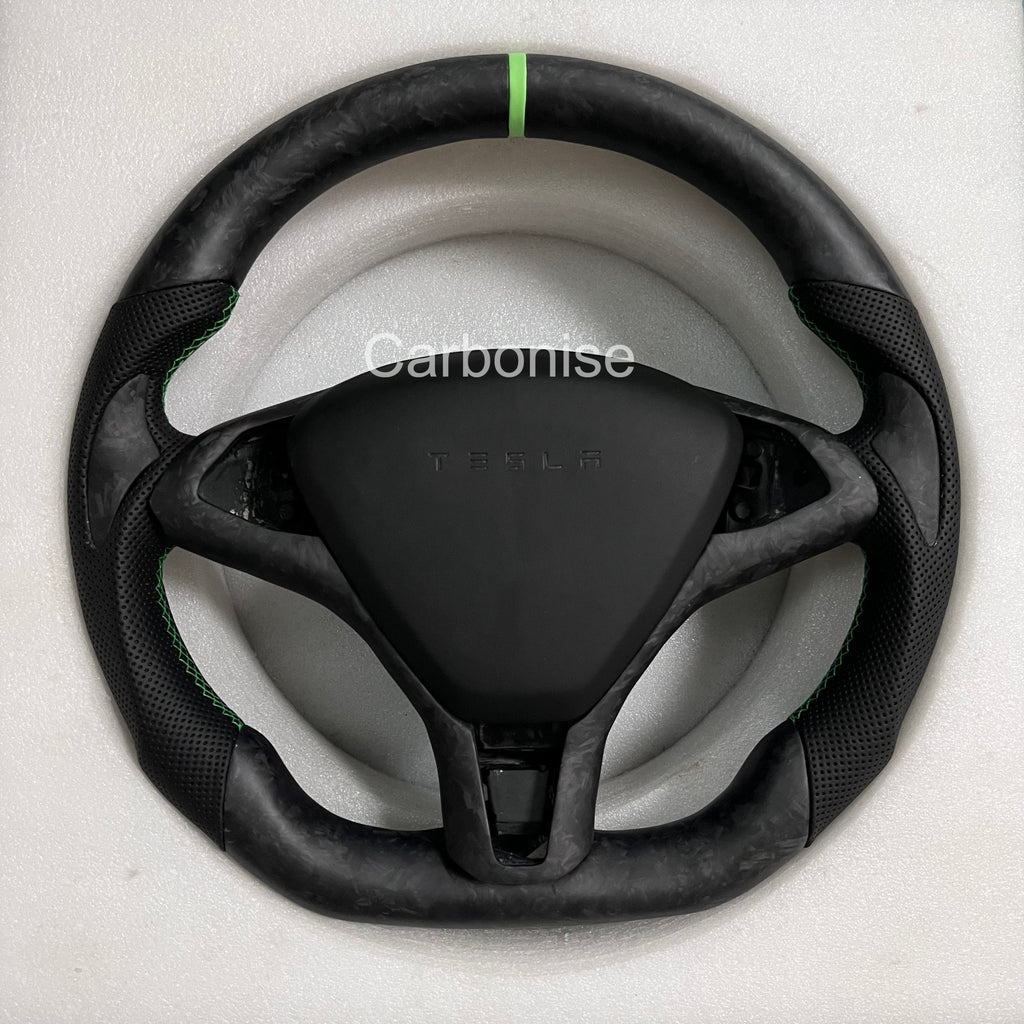 Carbonise Tesla forged carbon steering wheel with black perforated leather grip and green center stripe