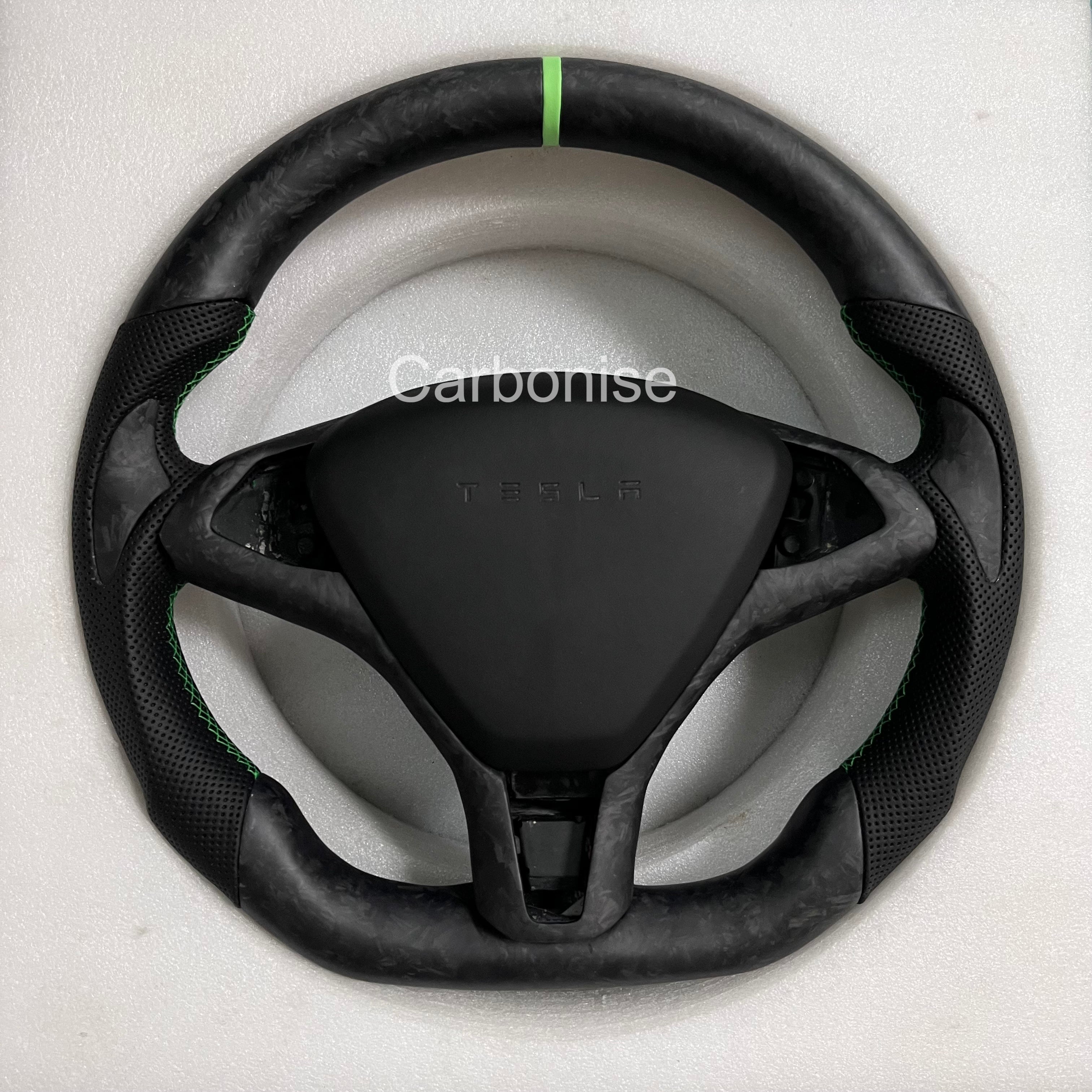 Carbonise Tesla forged carbon steering wheel with black perforated leather grip and green center stripe