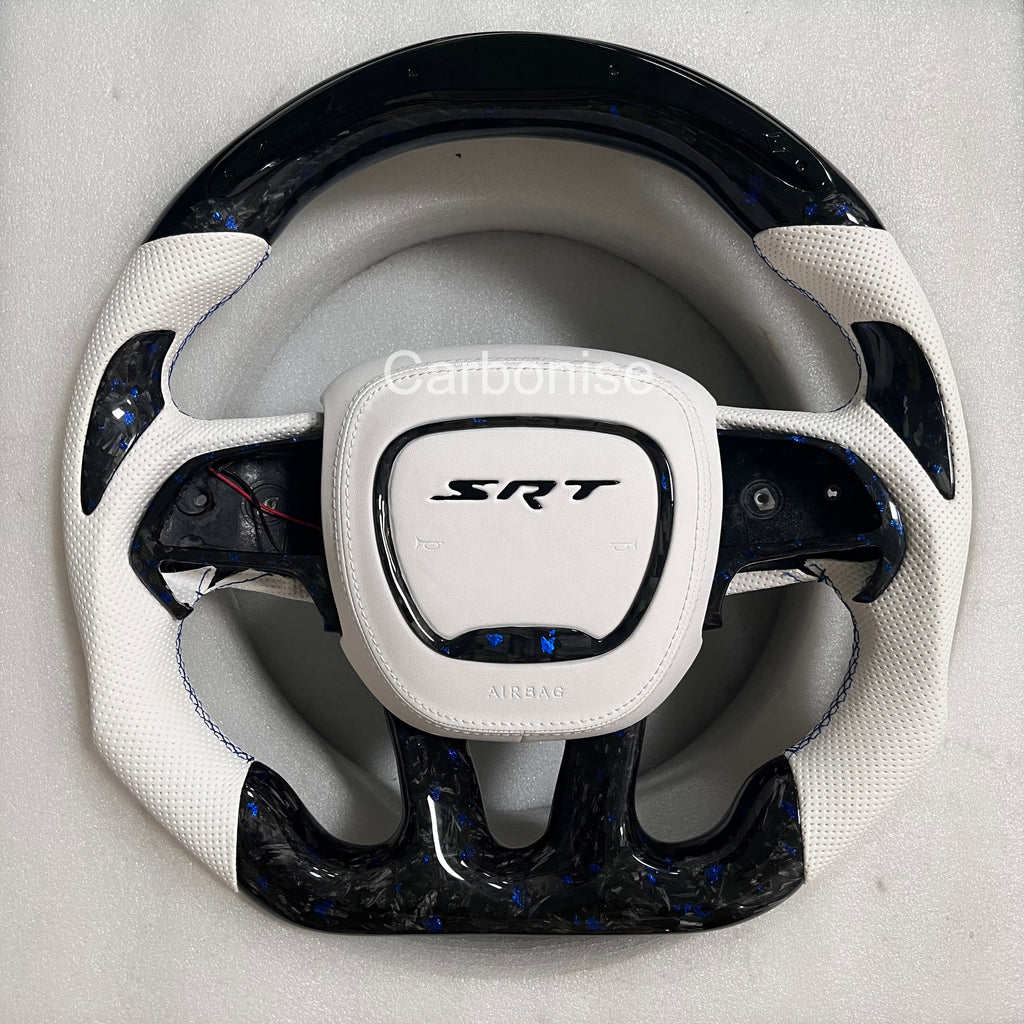 Carbonise Dodge SRT forged carbon steering wheel with blue flake carbon and white perforated leather grip