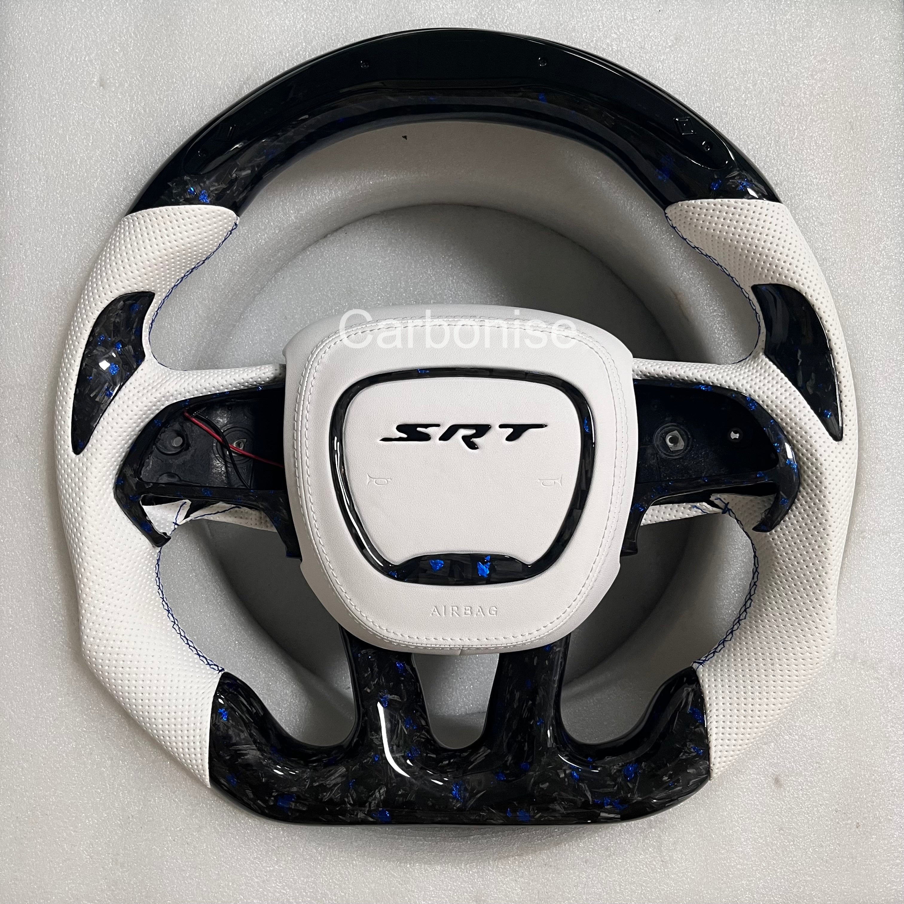 Carbonise Dodge SRT forged carbon steering wheel with blue flake carbon and white perforated leather grip