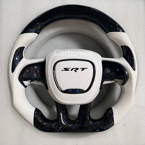 Carbonise Dodge SRT forged carbon steering wheel with blue flake carbon and white perforated leather grip